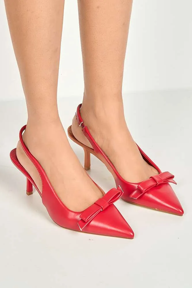 Cheri Bow Detail Kitten Heel Slingback Court Shoes in Red