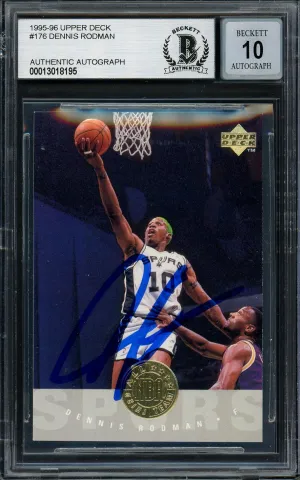 Dennis Rodman Autographed 1995-96 Upper Deck Electric Court Card #176 San Antonio Spurs Auto Grade Gem Mint 10 Beckett BAS #13018195