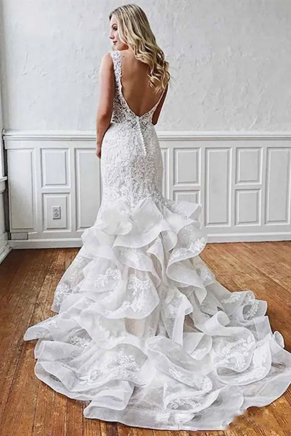 Elegant Mermaid White Tulle Lace Wedding Dress with Ruffles