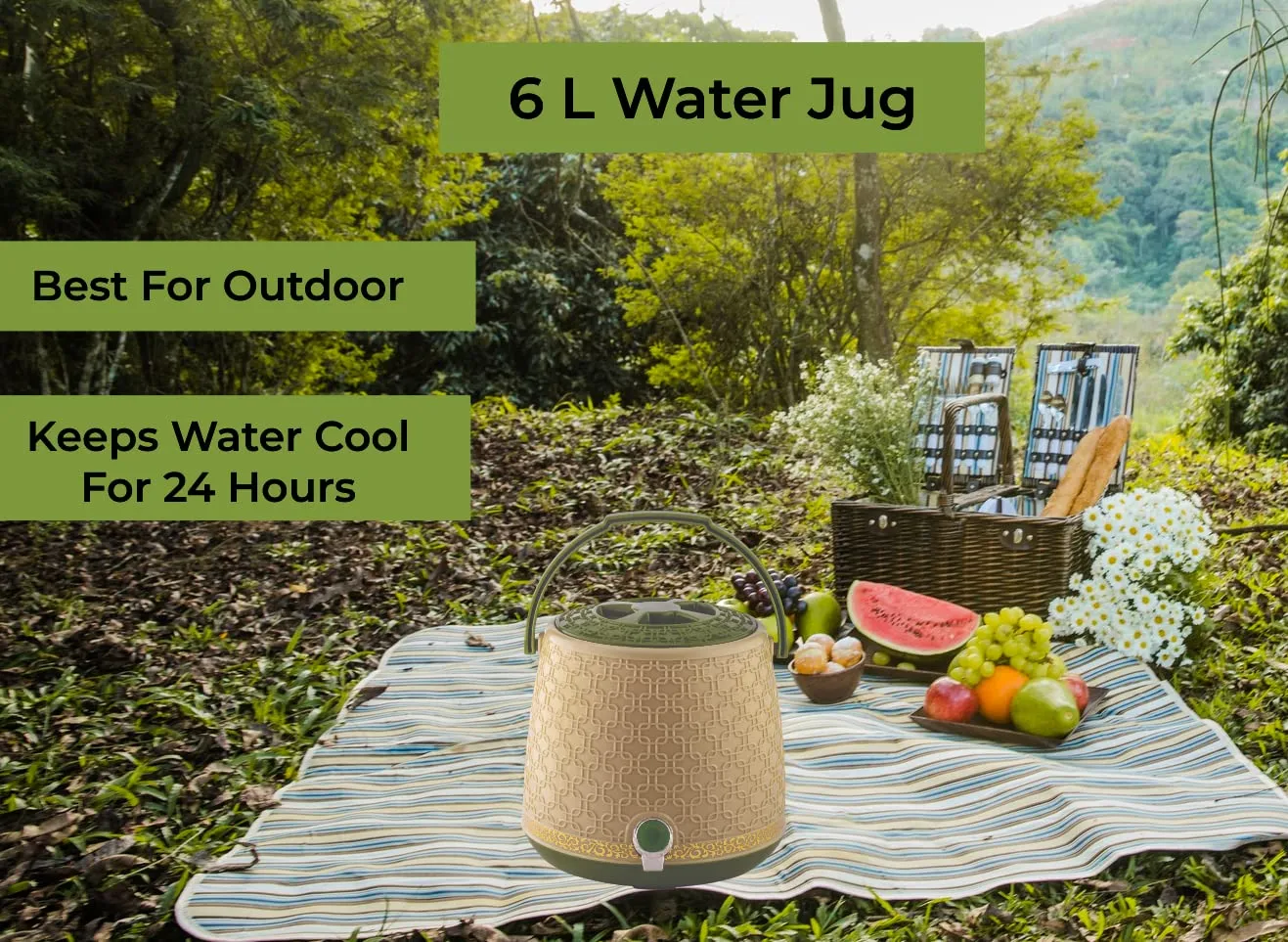 FABLE Bharat 6 L Cool Roman Chilled Water Camper Insulated Plastic Water Jug, 6 litres | Food Grade | Easy to Carry | BPA Free | Ideal for Travel | Picnic