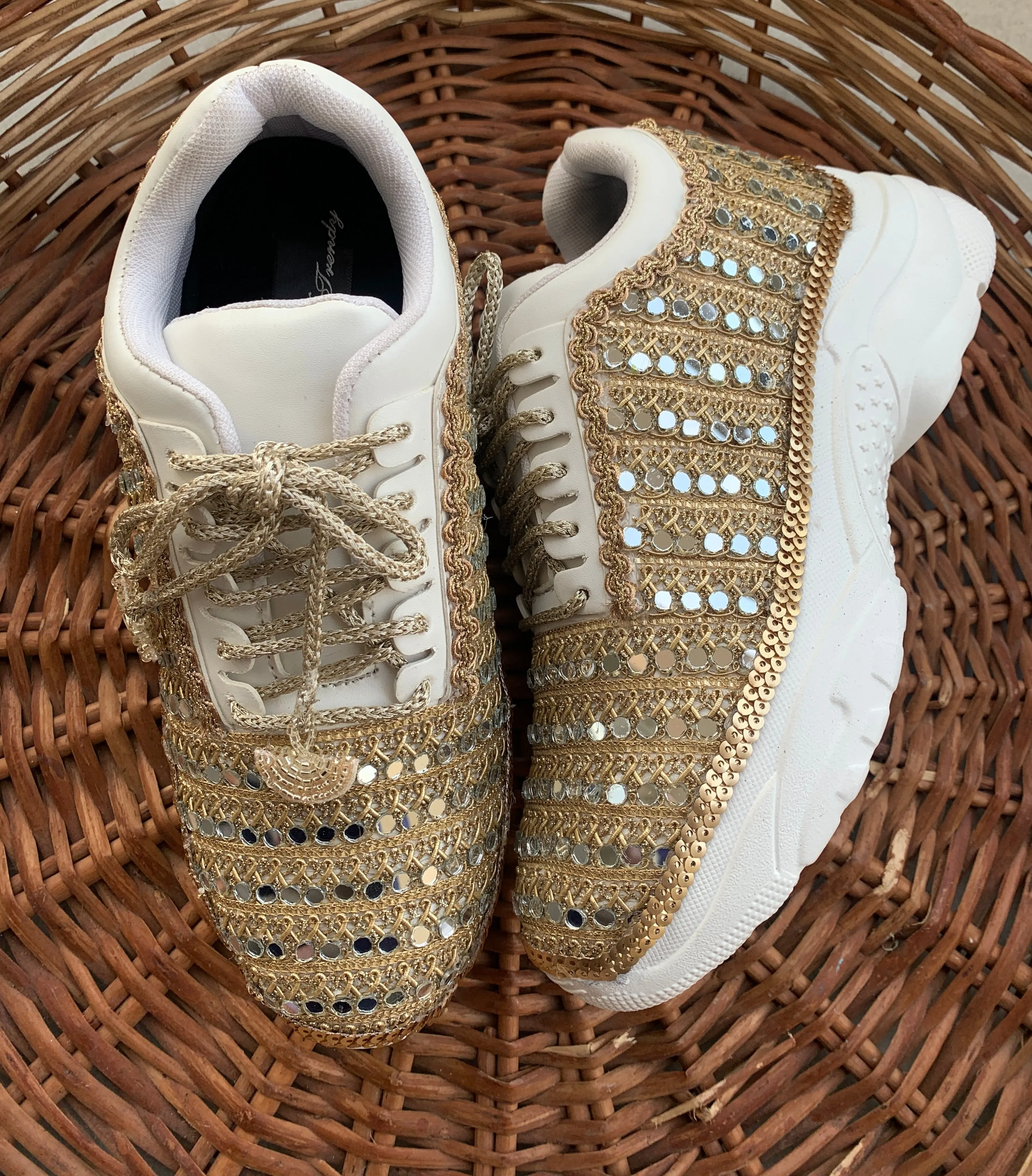 FUNKY N TRENDY dull gold mirror heeled sneakers for brides /bridesmaids / sneakers for bridesmaids/ handcrafted sneakers/ mirror sneakers / bridal sneakers / bridesmaid sneakers/ gold sneakers / mirror shoes