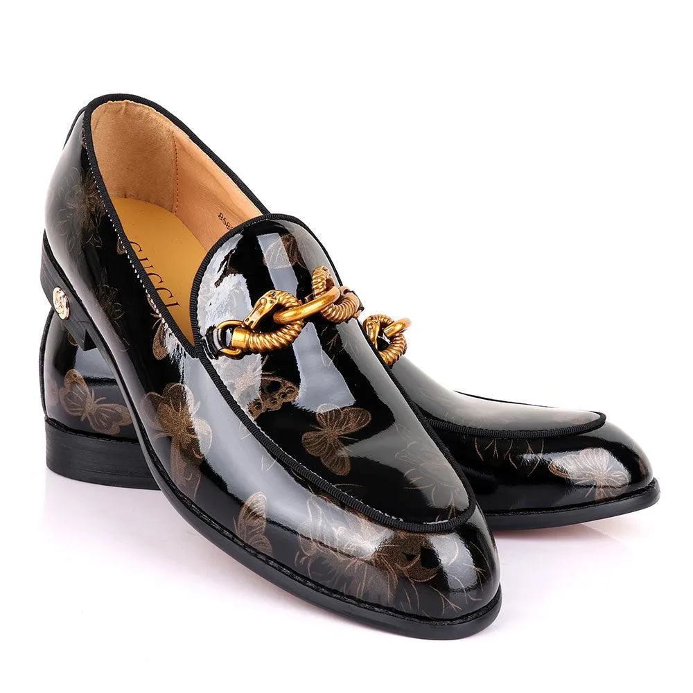 GC Luxury Flower Horse Lock Black Glossy Leather Shoe