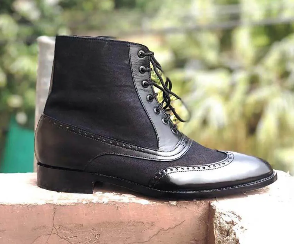 Handmade Black Leather Tweed Wing Tip Boot