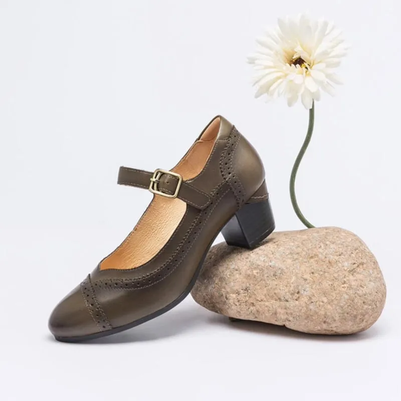 Handmade Leather Ankle Strap Brogued Mary Jane Pumps in Black/Green