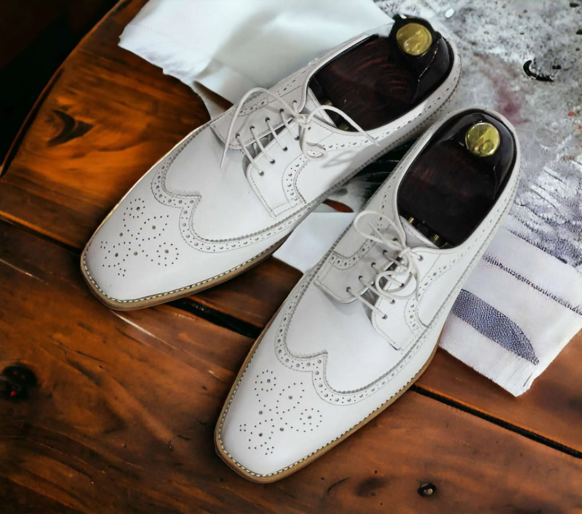 Handmade White Wing Tip Lace Up Leather Shoes, Dress Business Shoes