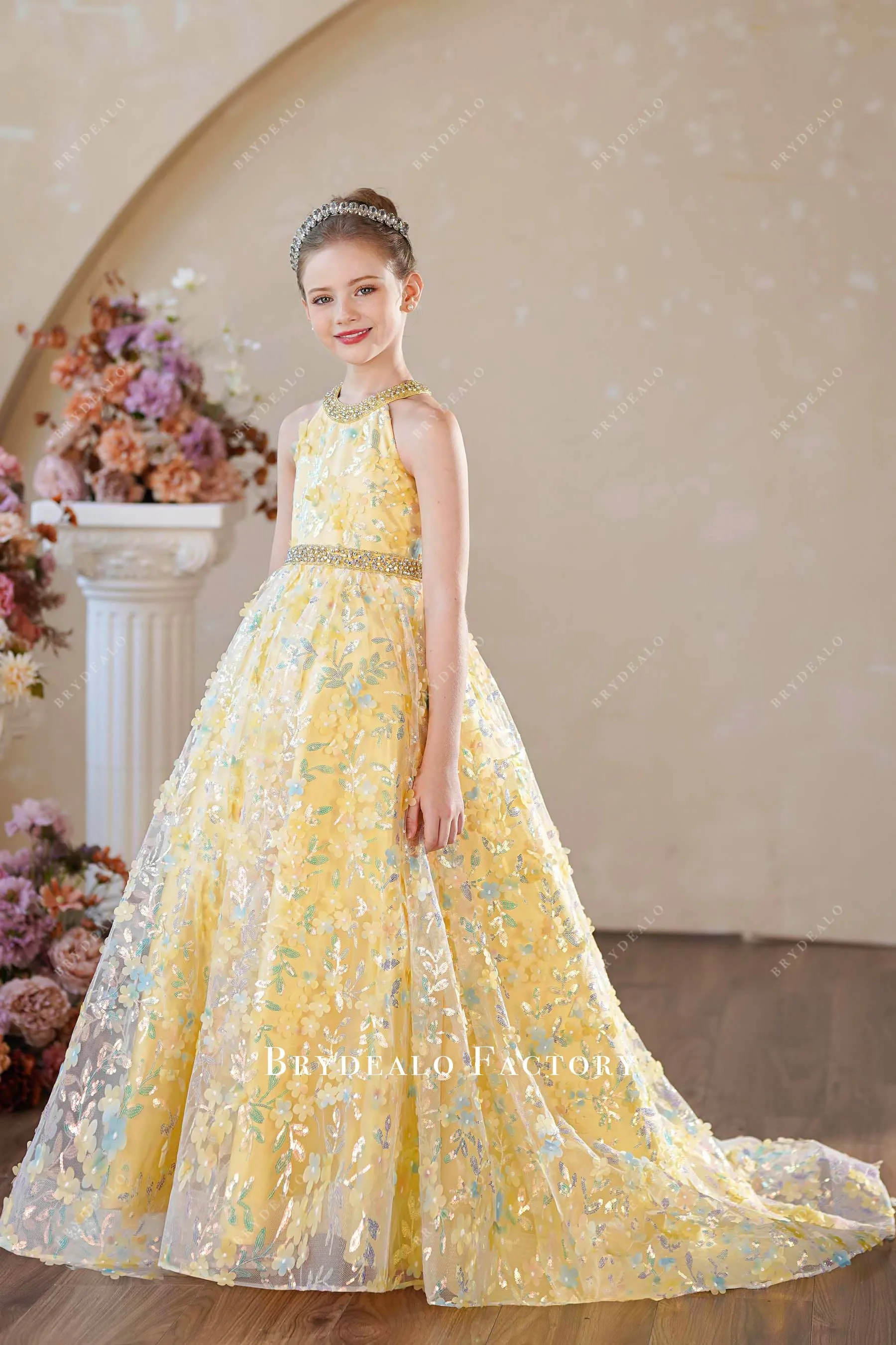 Iridescent Sequin Yellow Flower Ball Gown Kids Pageant Dress