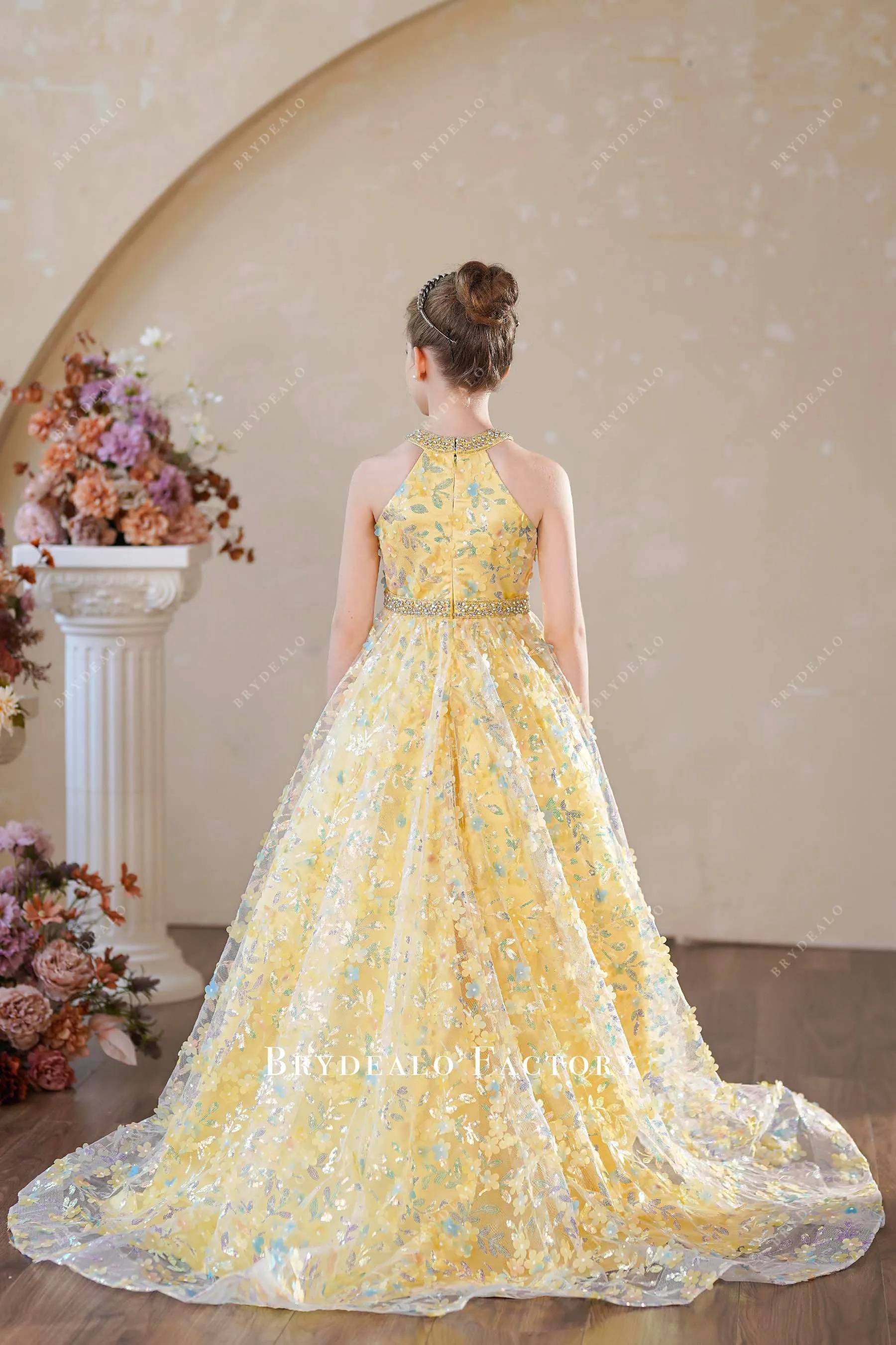 Iridescent Sequin Yellow Flower Ball Gown Kids Pageant Dress