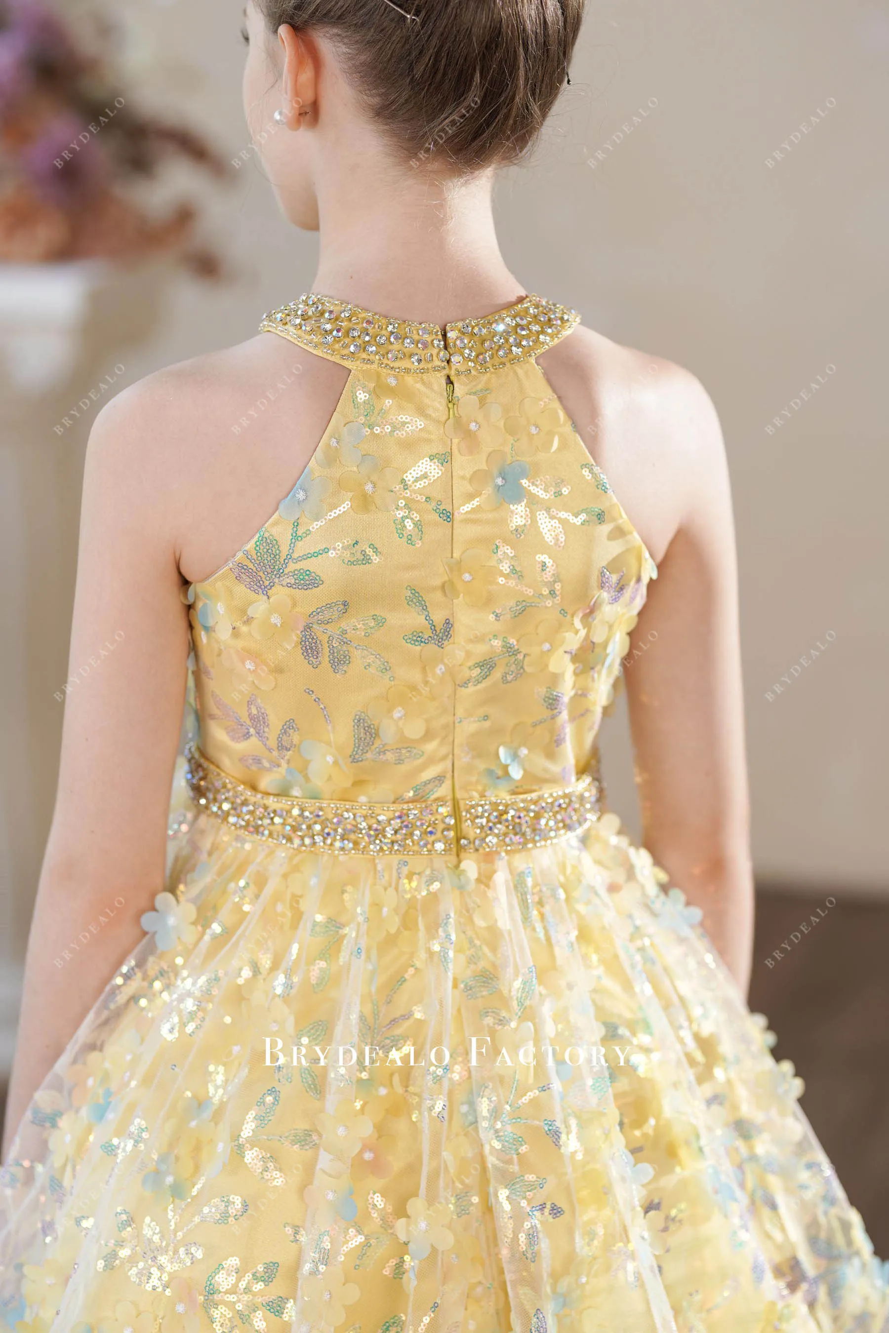 Iridescent Sequin Yellow Flower Ball Gown Kids Pageant Dress