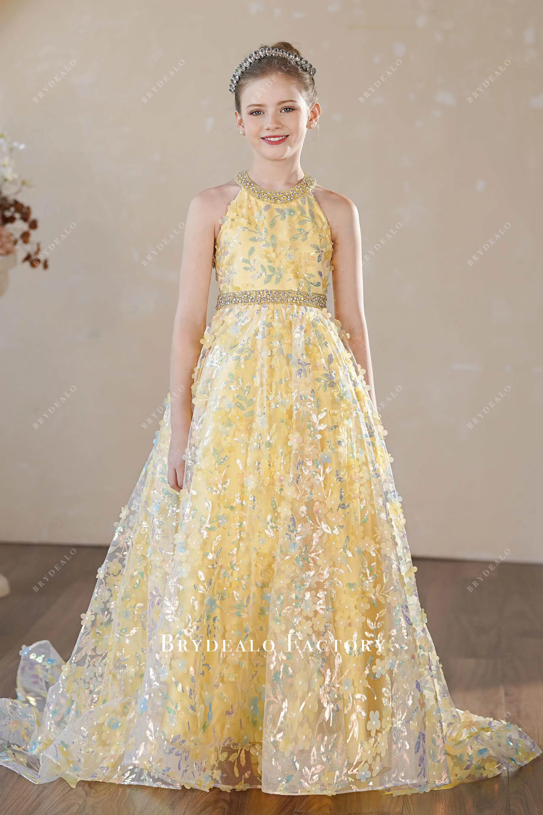 Iridescent Sequin Yellow Flower Ball Gown Kids Pageant Dress