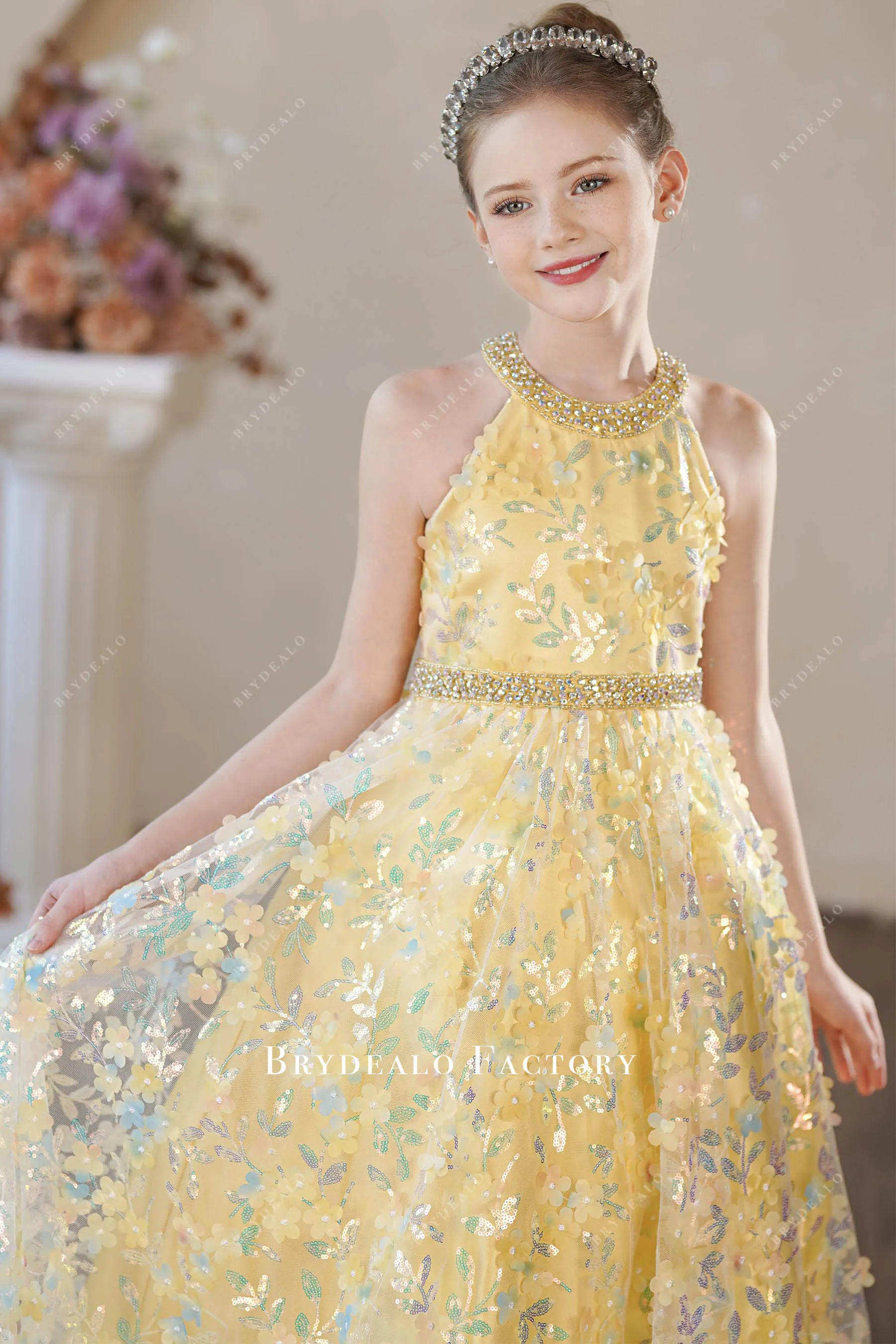 Iridescent Sequin Yellow Flower Ball Gown Kids Pageant Dress