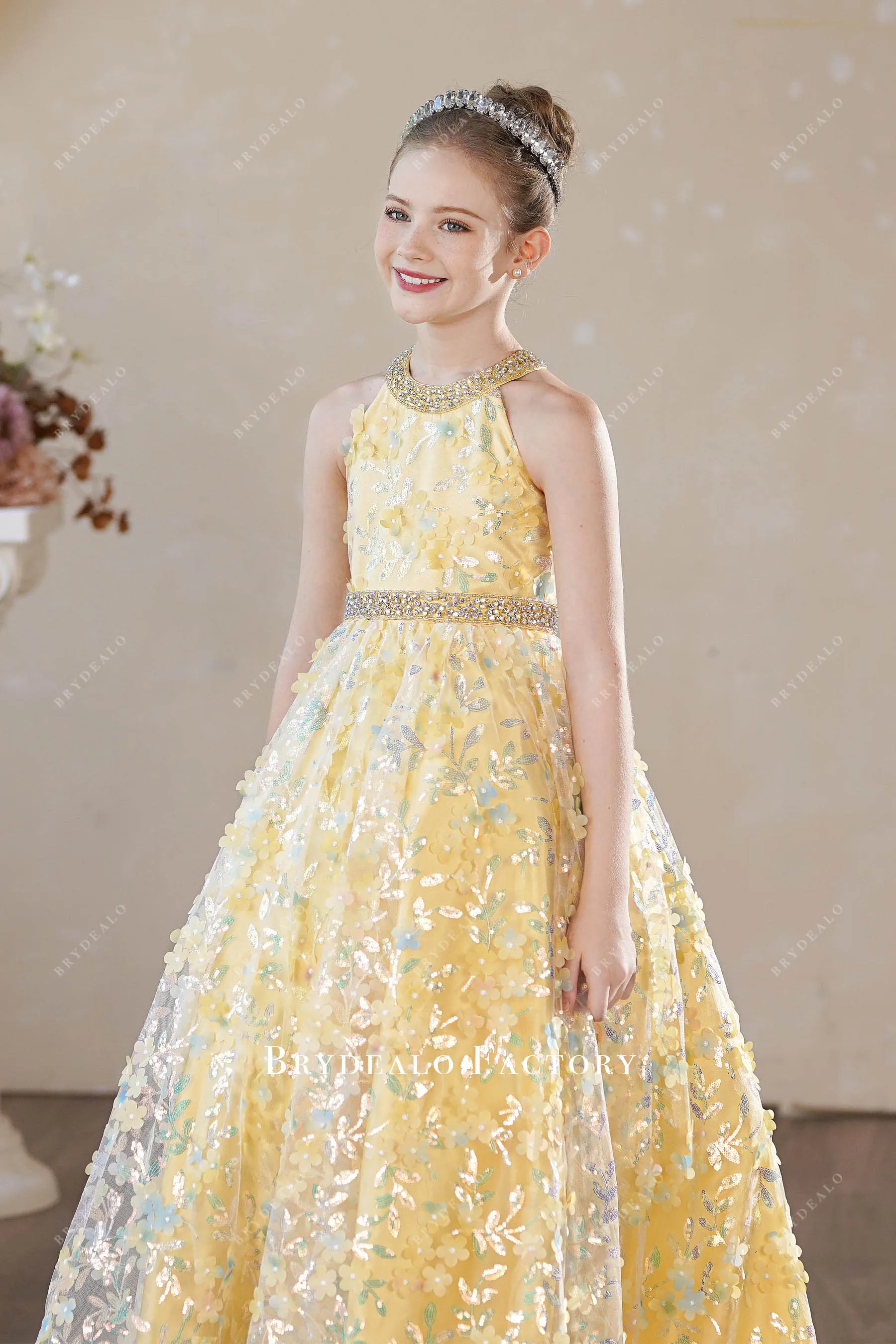 Iridescent Sequin Yellow Flower Ball Gown Kids Pageant Dress