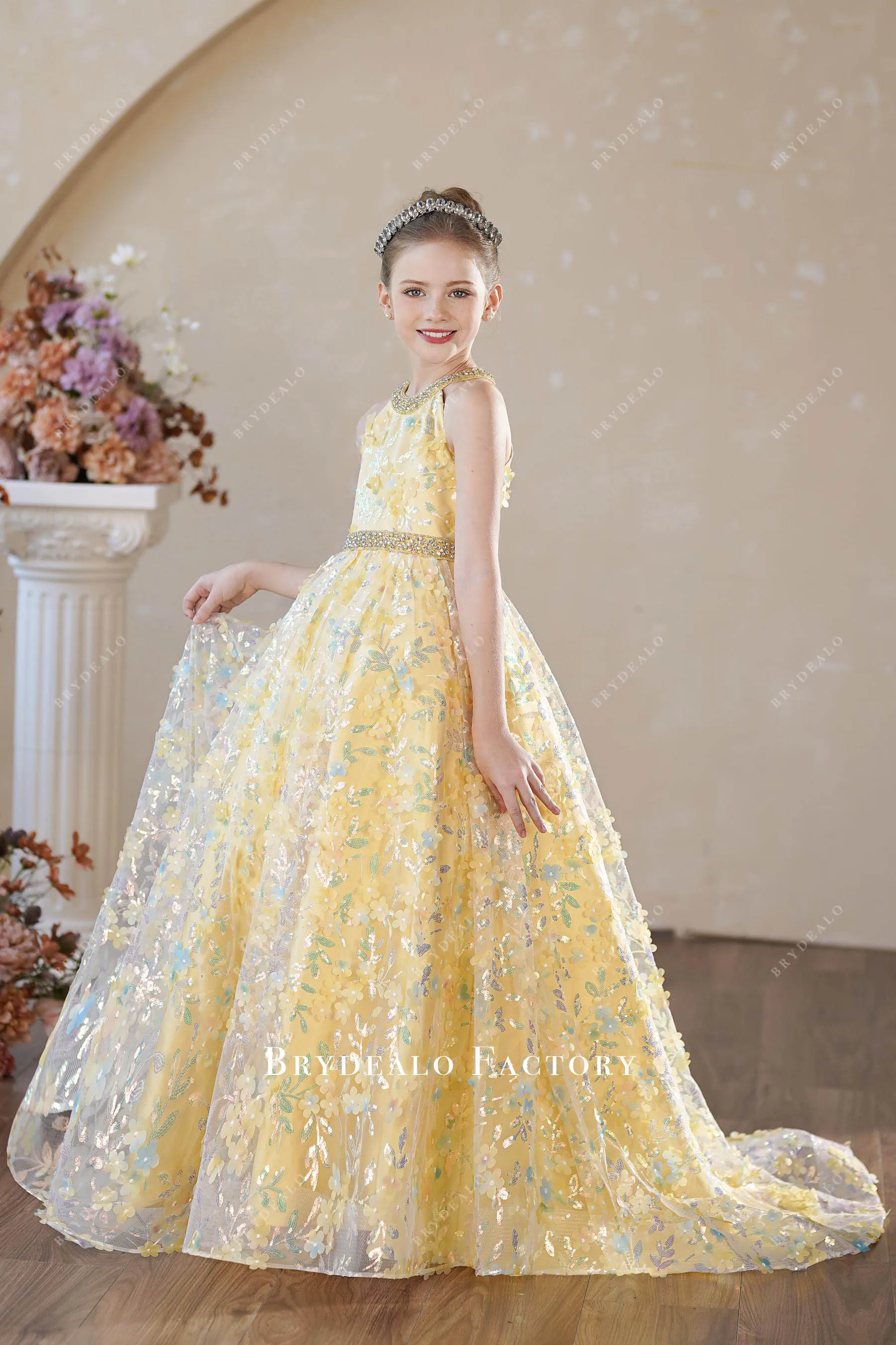 Iridescent Sequin Yellow Flower Ball Gown Kids Pageant Dress