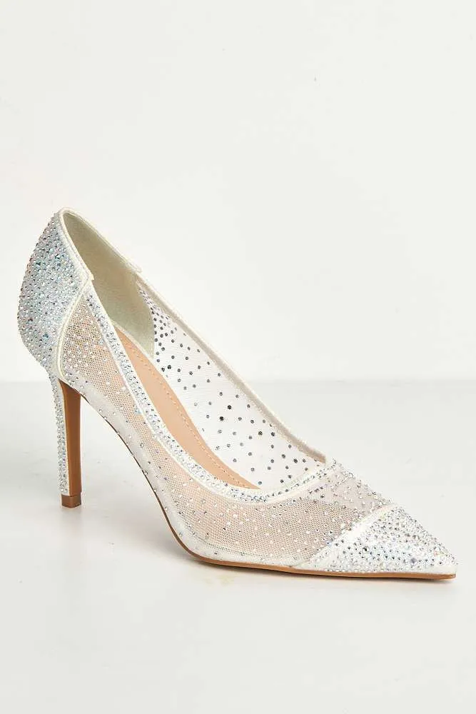 Jasmine Mesh Detail Gemstone Embellished Court Shoes in Silver