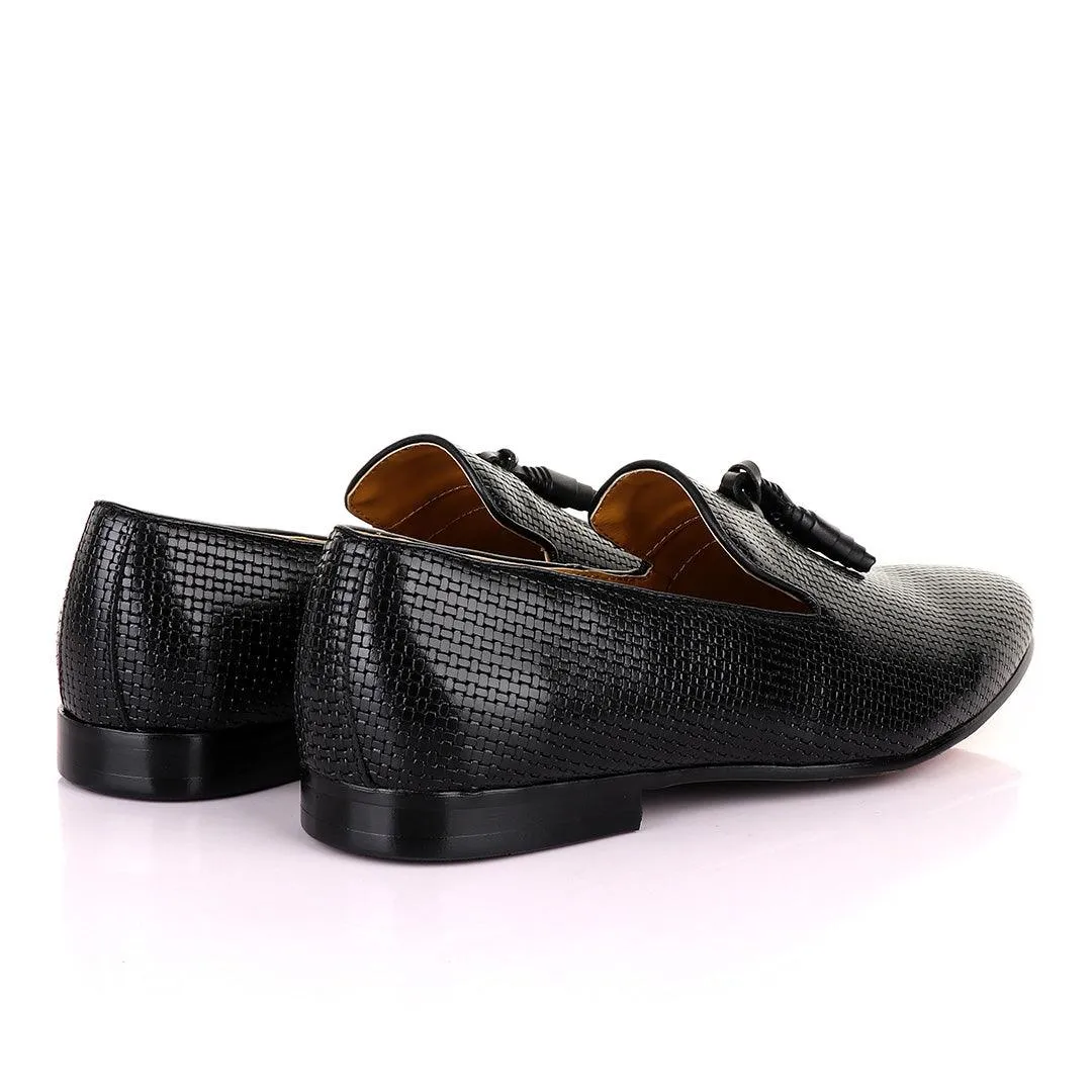 John Mendson Woven Knitted Black Leather Tassel Loafers