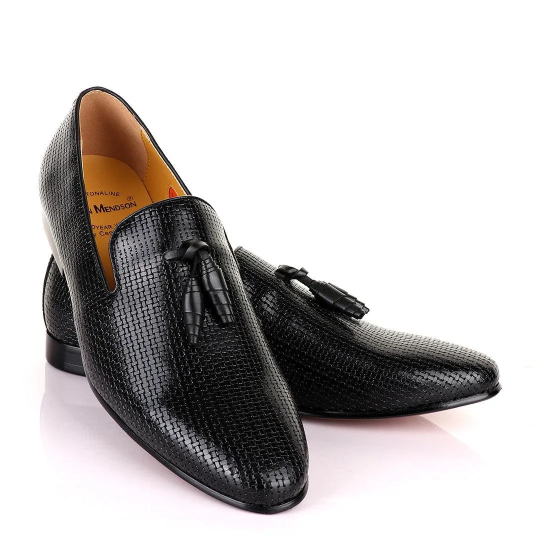 John Mendson Woven Knitted Black Leather Tassel Loafers