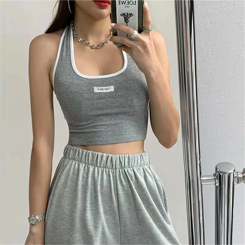 JOSKAA Fashion woman tops y2k style tank topContrast Trim Cropped Halter Tank Top