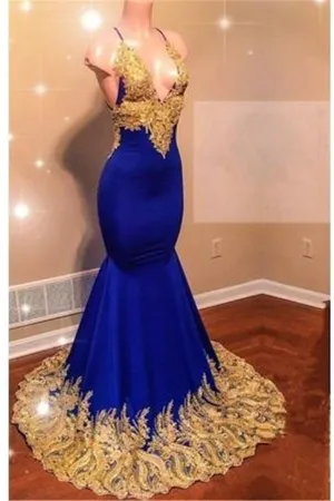 kamahe Appliques Spaghetti Sleeveless V-neck Mermaid Prom Dresses