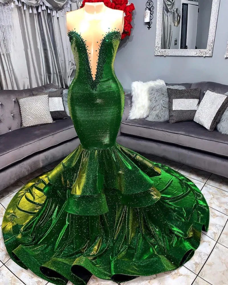 kamahe Green Gorgeous Ruffles Mermaid Prom Dresses Chic Sweetheart Appliques Long Evening Dresses