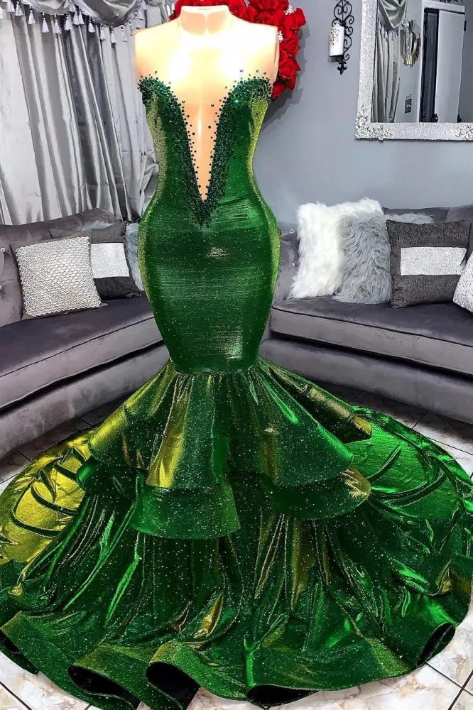 kamahe Green Gorgeous Ruffles Mermaid Prom Dresses Chic Sweetheart Appliques Long Evening Dresses