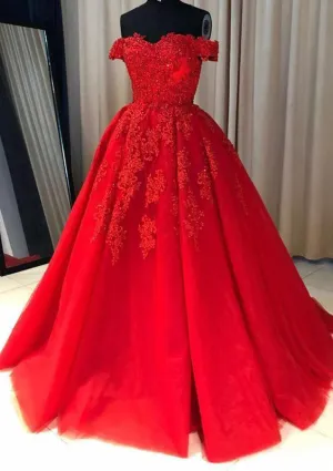 kamahe Red Ball Gown Off-the-Shoulder Sleeveless Court Train Tulle Prom Dress With Pleated Appliqued