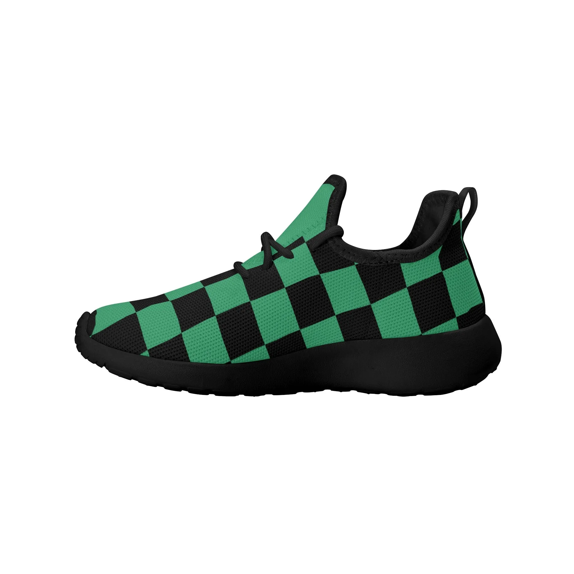 Kids Running Shoes | Mesh Knit Sneakers for kids 7-12 | Anime Slayer of Demon | Green Black Checkered