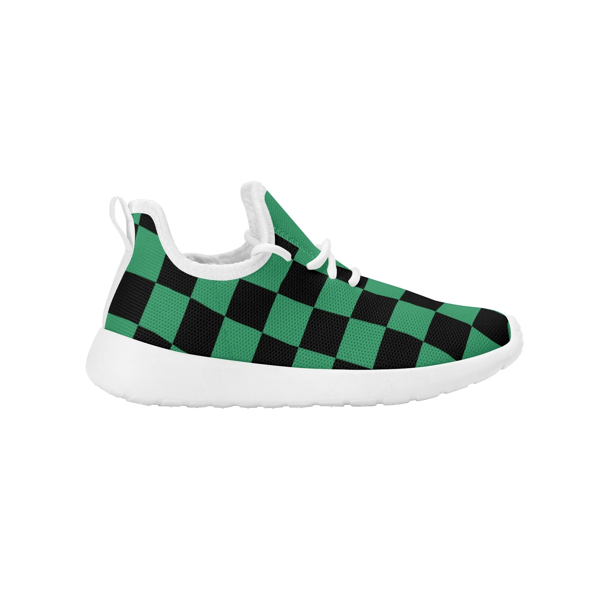 Kids Running Shoes | Mesh Knit Sneakers for kids 7-12 | Anime Slayer of Demon | Green Black Checkered