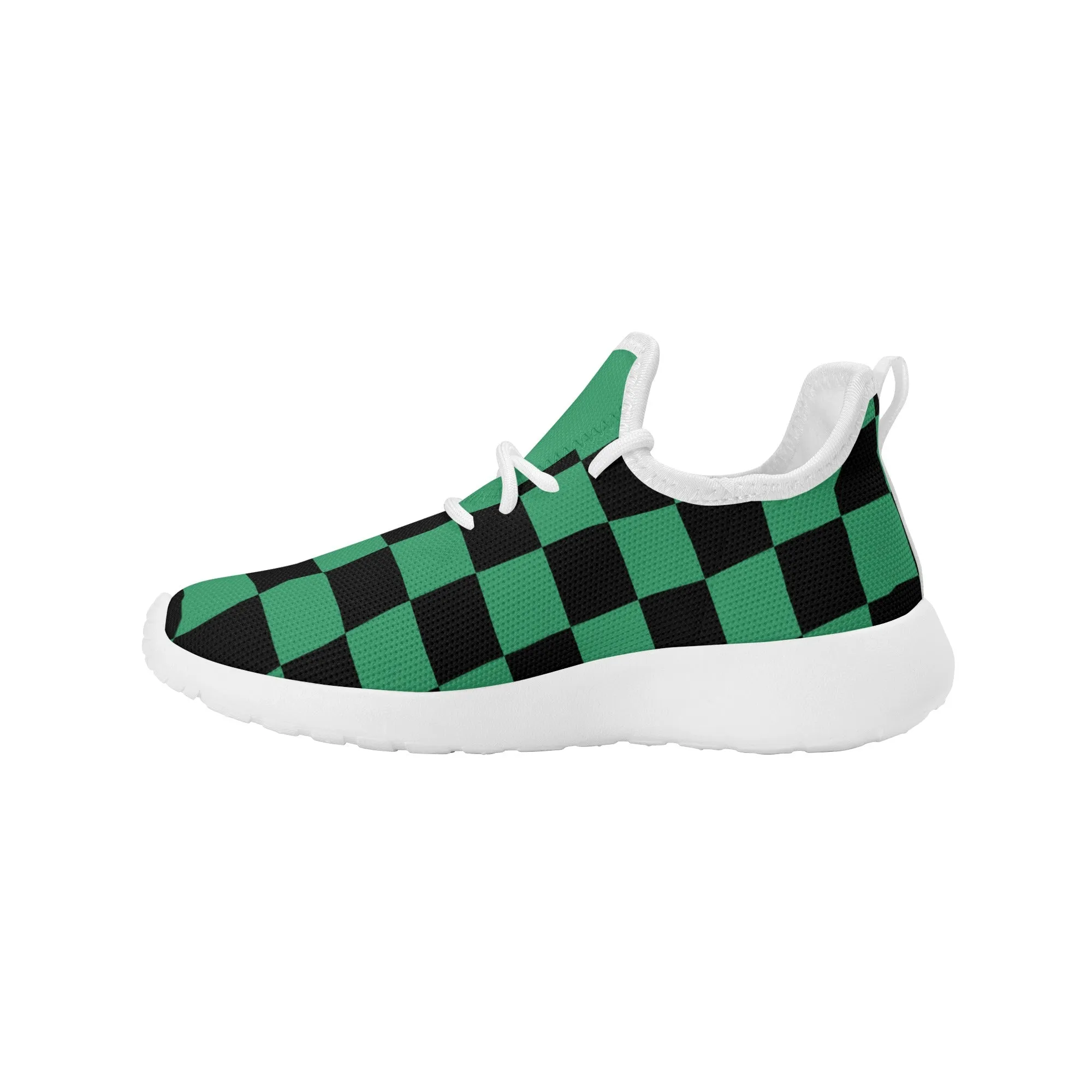 Kids Running Shoes | Mesh Knit Sneakers for kids 7-12 | Anime Slayer of Demon | Green Black Checkered