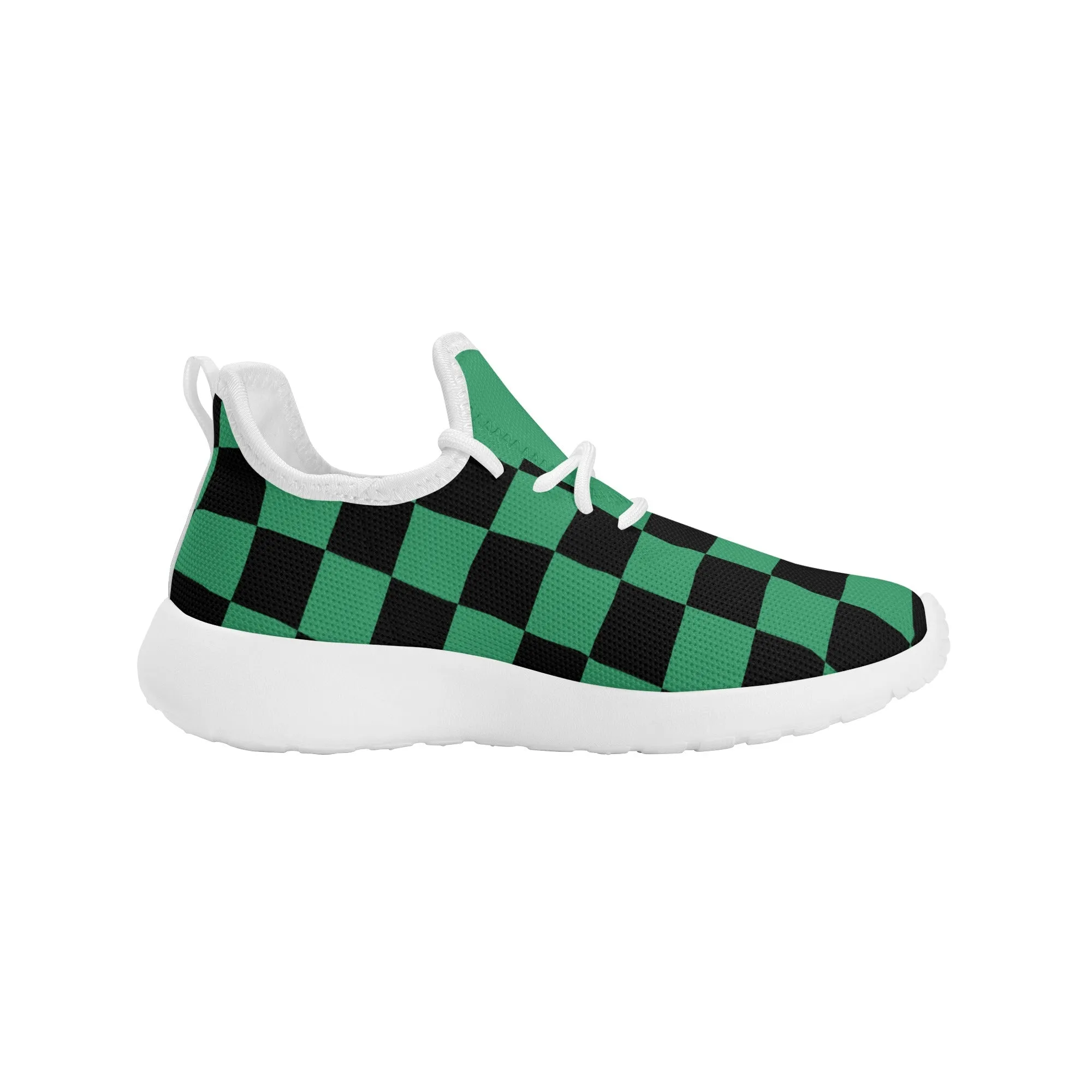 Kids Running Shoes | Mesh Knit Sneakers for kids 7-12 | Anime Slayer of Demon | Green Black Checkered