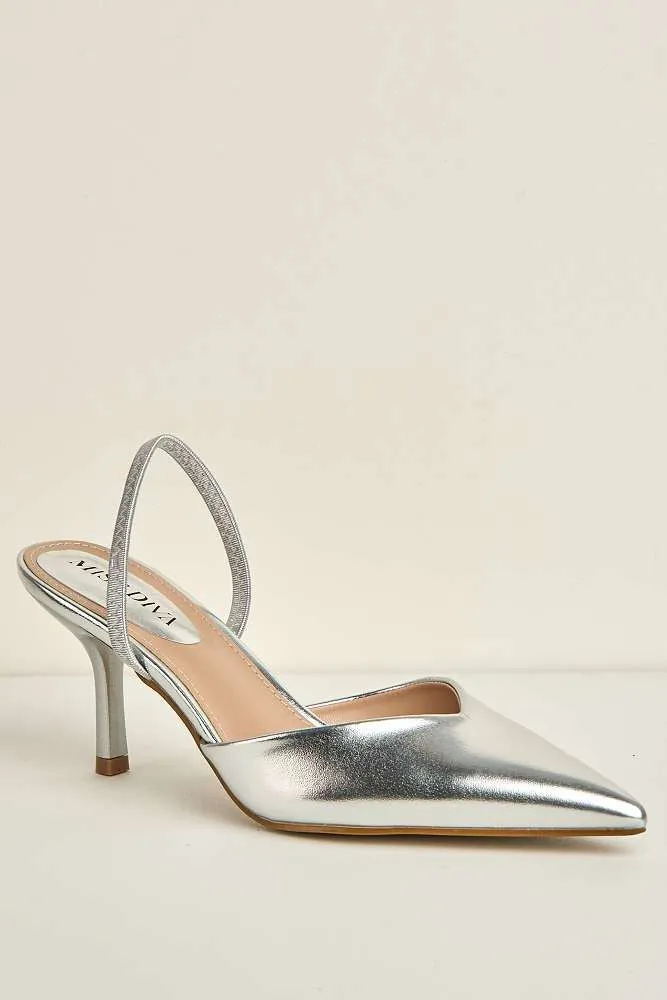 Liana Pointed Toe Slingback Court Shoes in Silver