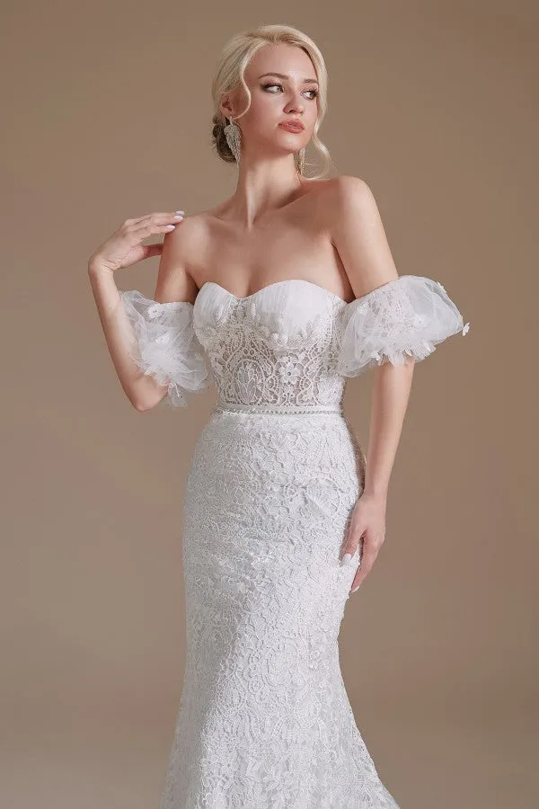 Long Mermaid Sweetheart Lace Wedding Dress with Detachable Sleeves