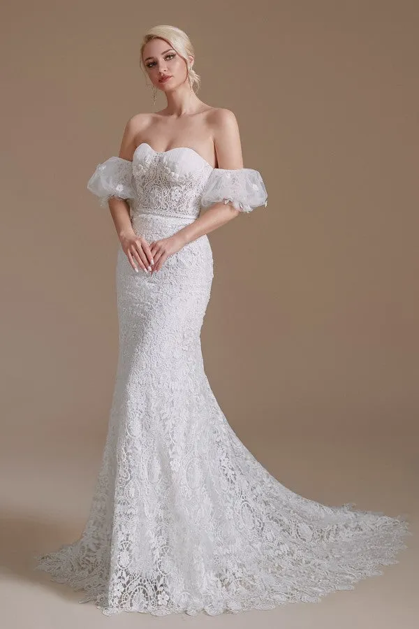 Long Mermaid Sweetheart Lace Wedding Dress with Detachable Sleeves