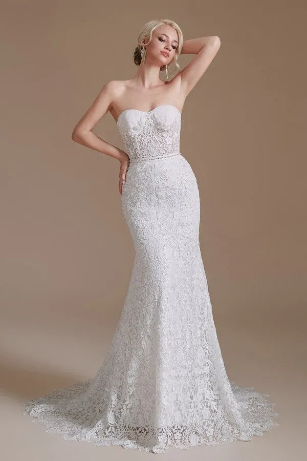 Long Mermaid Sweetheart Lace Wedding Dress with Detachable Sleeves