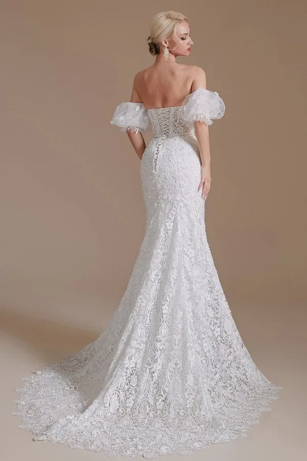 Long Mermaid Sweetheart Lace Wedding Dress with Detachable Sleeves