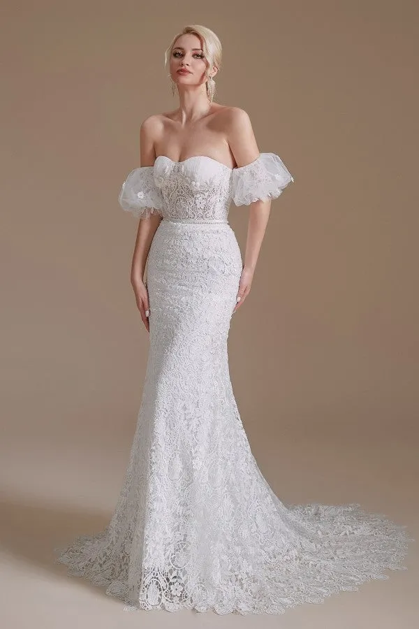 Long Mermaid Sweetheart Lace Wedding Dress with Detachable Sleeves