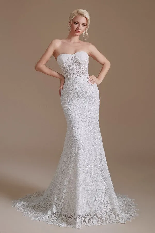 Long Mermaid Sweetheart Lace Wedding Dress with Detachable Sleeves