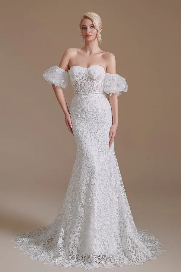 Long Mermaid Sweetheart Lace Wedding Dress with Detachable Sleeves