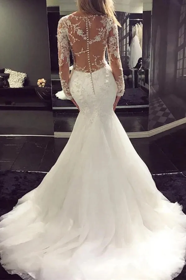 Long Sleeve Mermaid Tulle Wedding Dress With Lace Appliques