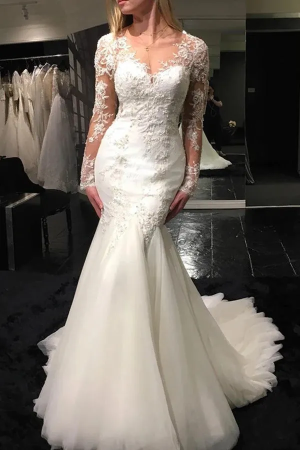 Long Sleeve Mermaid Tulle Wedding Dress With Lace Appliques