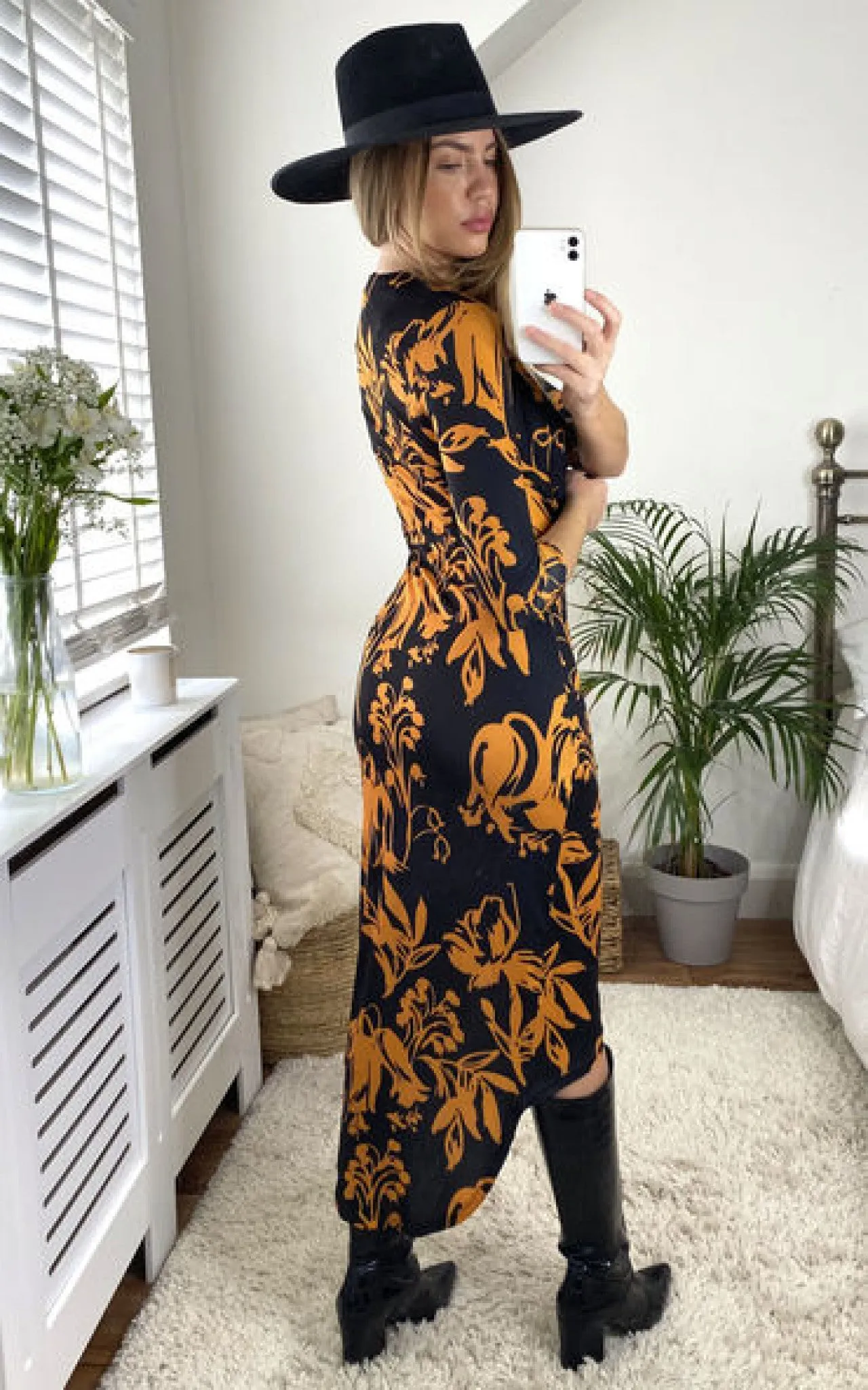 Love And Joy London Midi Wrap Dress In Black And Gold Floral