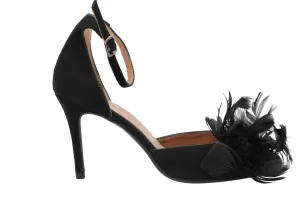 MARIAN Black suede court shoe with strap & feather detail