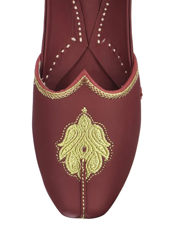 Men's Indian Ethnic Handrafted Embroidered Maroon Premium Leather Footwear - Desi Colour