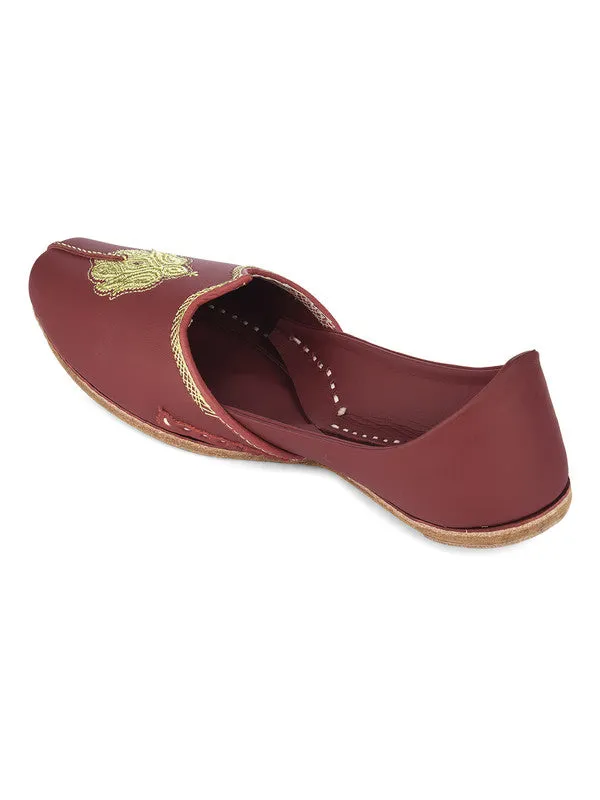 Men's Indian Ethnic Handrafted Embroidered Maroon Premium Leather Footwear - Desi Colour