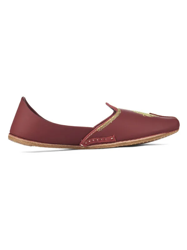 Men's Indian Ethnic Handrafted Embroidered Maroon Premium Leather Footwear - Desi Colour