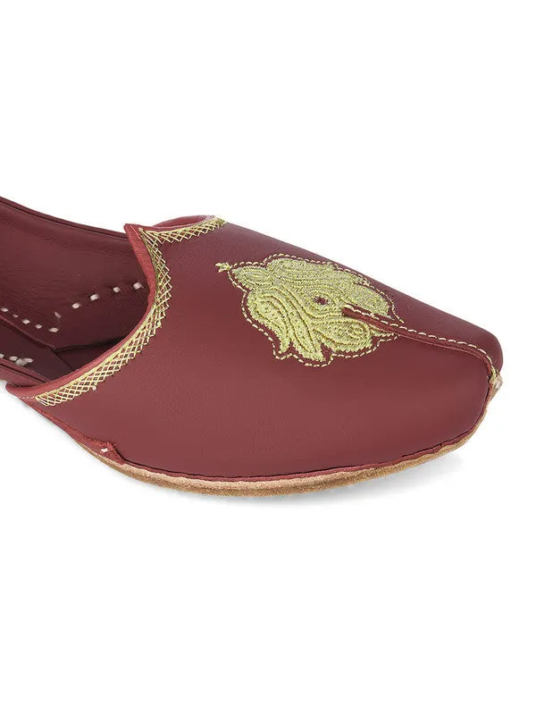 Men's Indian Ethnic Handrafted Embroidered Maroon Premium Leather Footwear - Desi Colour