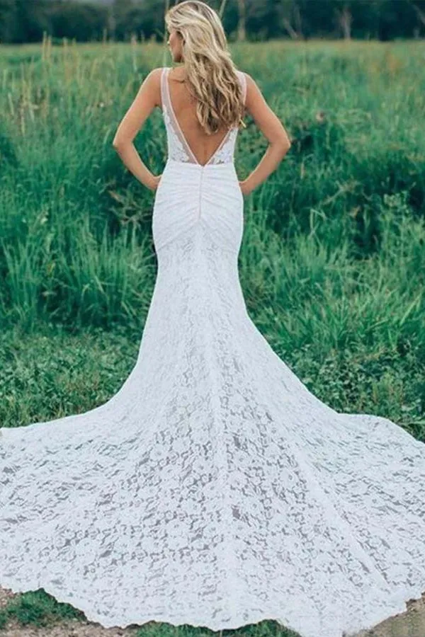 Mermaid Lace Wedding Dress Backless Boho Bridal Gown