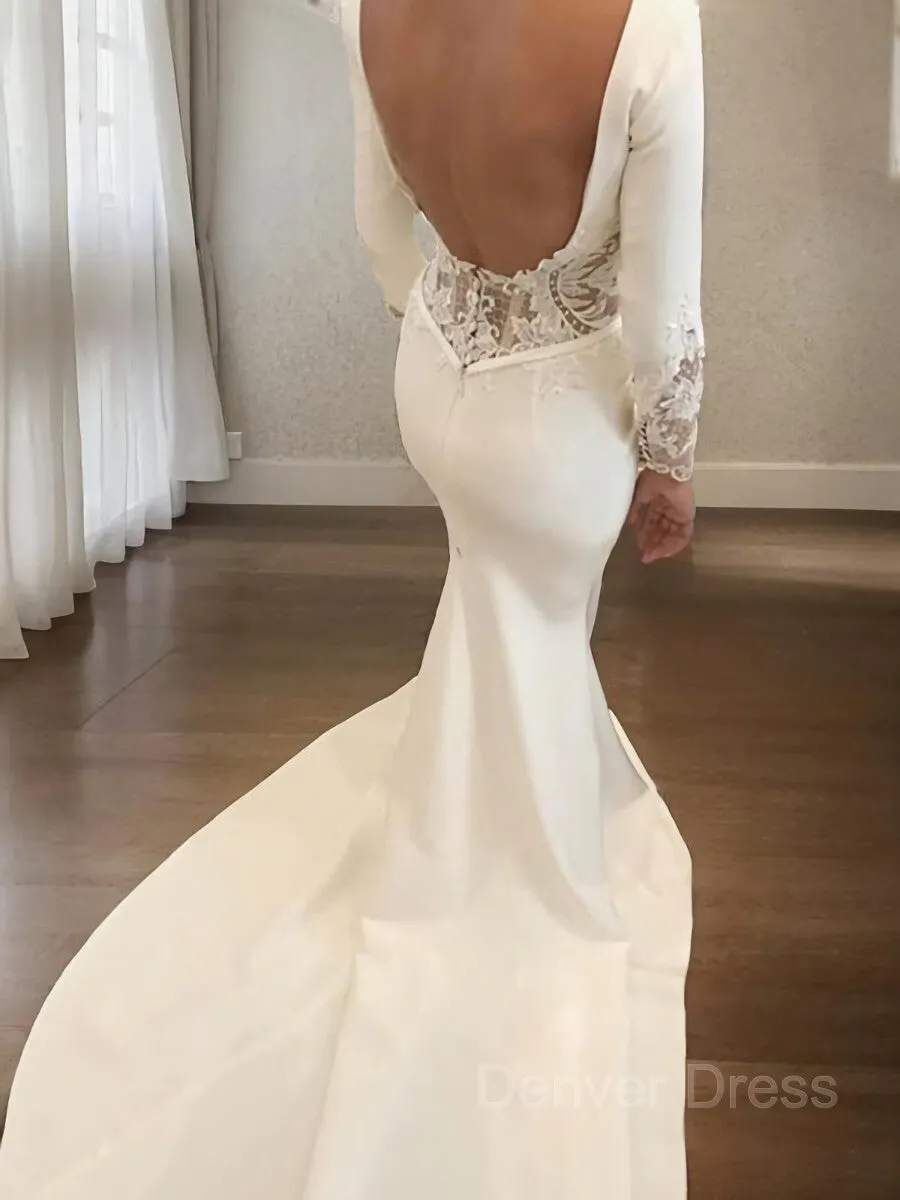 Mermaid Scoop Court Train Stretch Crepe Wedding Dresses With Leg Slit