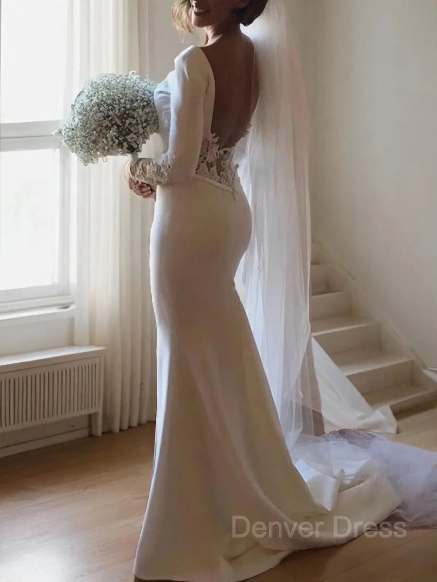 Mermaid Scoop Court Train Stretch Crepe Wedding Dresses With Leg Slit