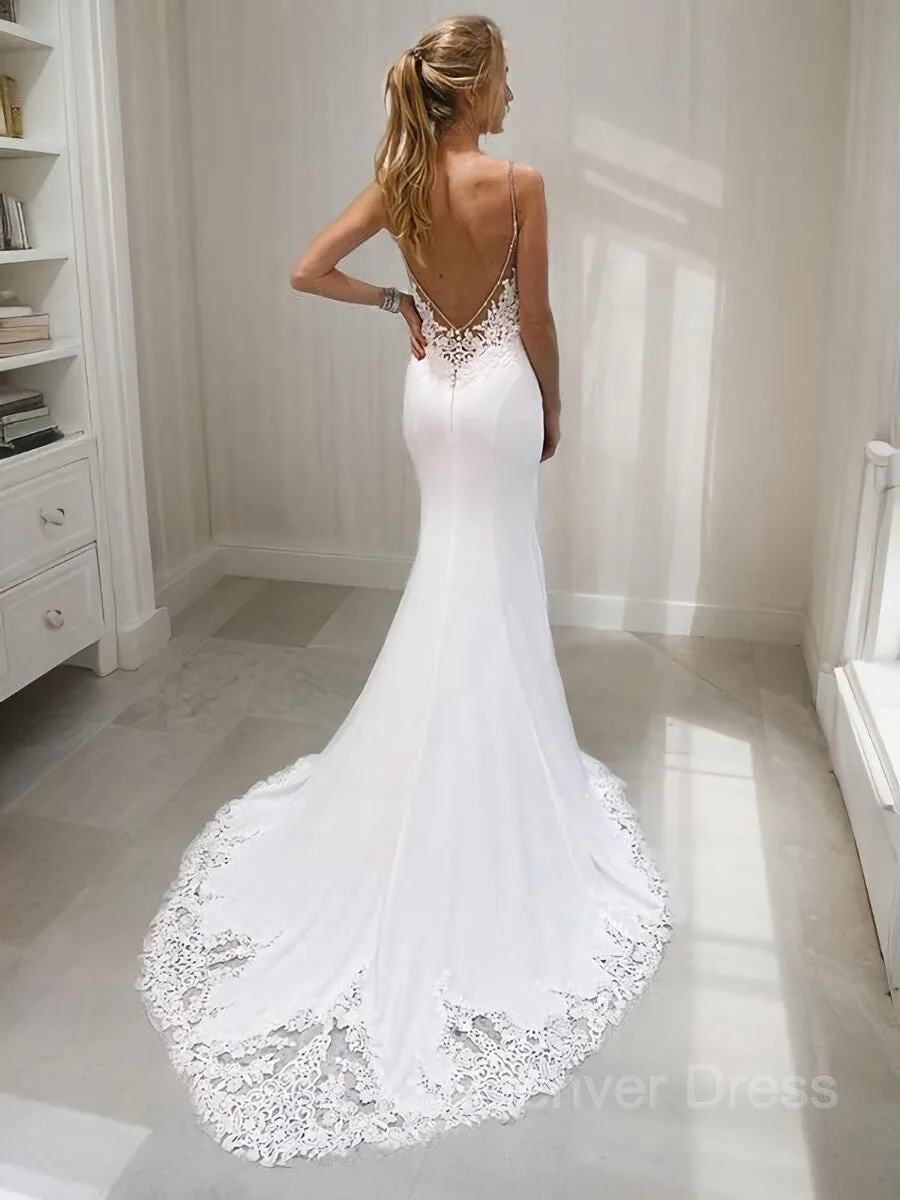 Mermaid V-neck Court Train Stretch Crepe Wedding Dresses With Appliques Lace