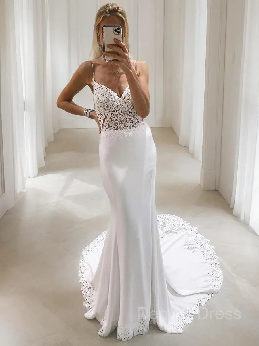 Mermaid V-neck Court Train Stretch Crepe Wedding Dresses With Appliques Lace