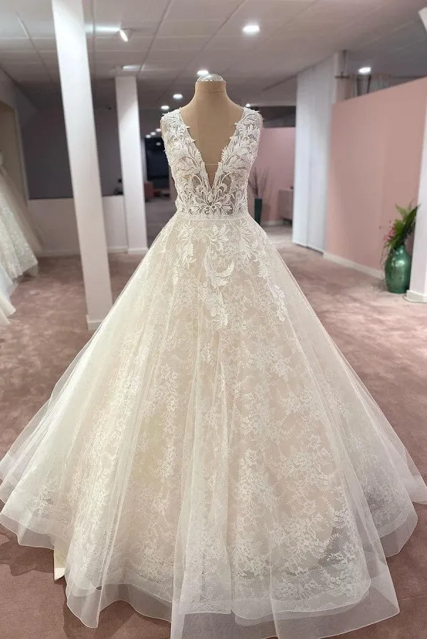 Modest Deep V-Neck Wide Strap A-Line Floor-Length Wedding Dress with Tulle Lace Appliques